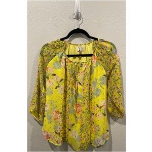 FIG AND FLOWER Sheer 3/4 Sleeve Yellow Floral Blouse